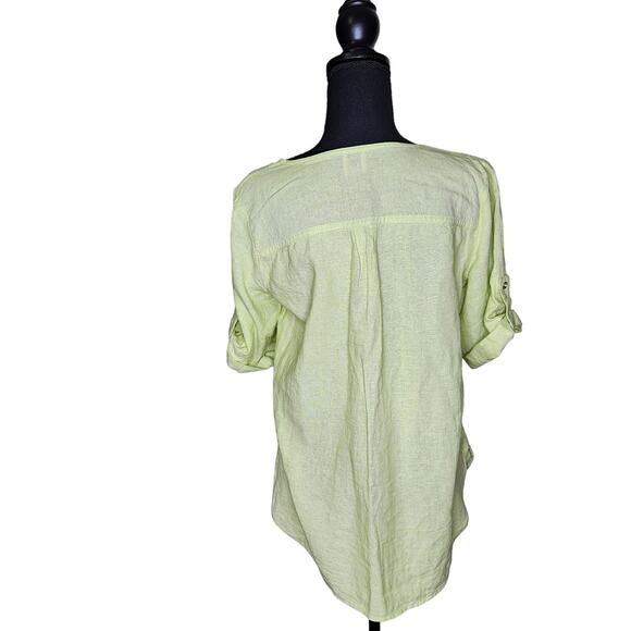 Anne Klein Linen Short Sleeve Coastal Beachy Sheer Summer Green Top Size Small - Picture 2 of 10